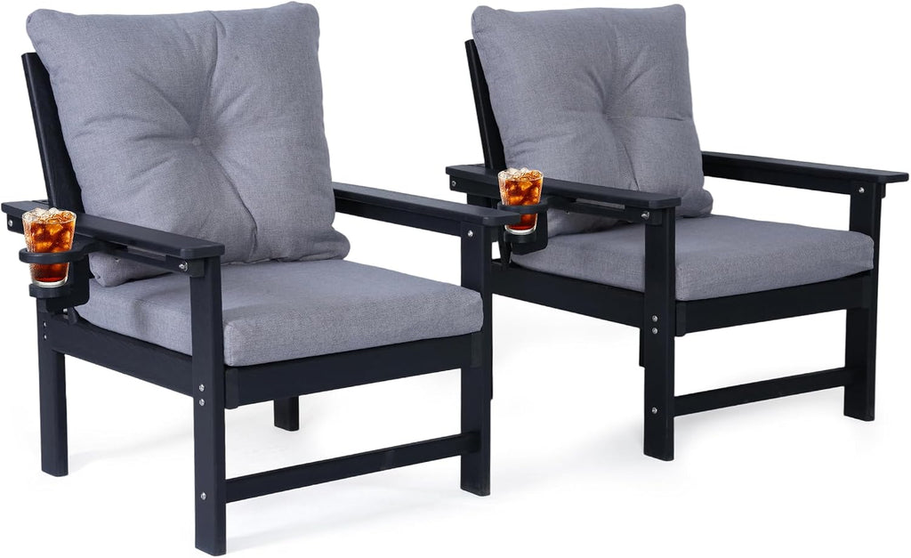 Set of 2 HDPE Adirondack Patio Armchairs, All Weather Outdoor Lounge Chairs w/ 3.5'' Thick Washable Cushions & Cup Holders, Rustproof 304 Stainless Steel Hardware for Garden Deck Poolside, Black
