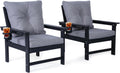 Set of 2 HDPE Adirondack Patio Armchairs, All Weather Outdoor Lounge Chairs w/ 3.5'' Thick Washable Cushions & Cup Holders, Rustproof 304 Stainless Steel Hardware for Garden Deck Poolside, Black