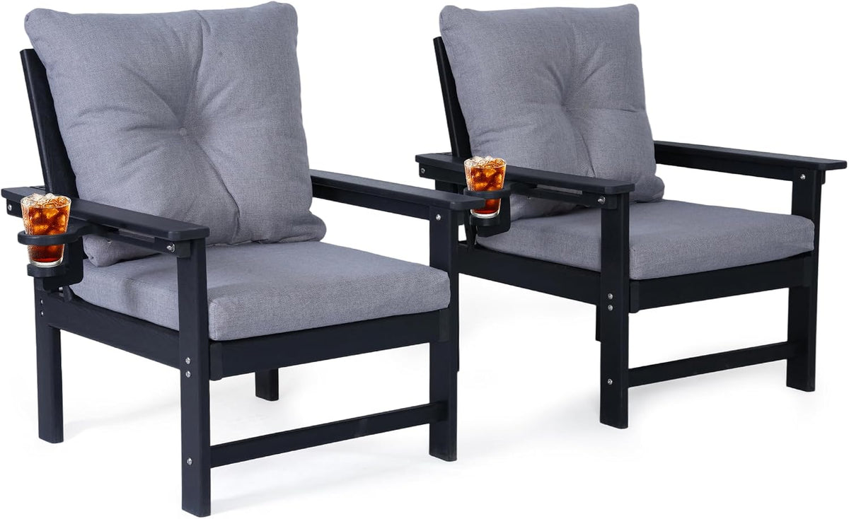 Set of 2 HDPE Adirondack Patio Armchairs, All Weather Outdoor Lounge Chairs w/ 3.5'' Thick Washable Cushions & Cup Holders, Rustproof 304 Stainless Steel Hardware for Garden Deck Poolside, Black