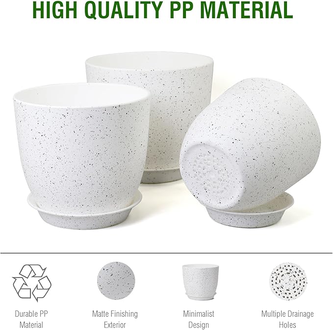Large Flower Pots 12/10/9 inch, Set of 3 Modern Decorative Plastic Planters with Drainage Holes and Saucers for Garden House Plants, Plant Pots for Indoor Outdoor Plants, Speckled White