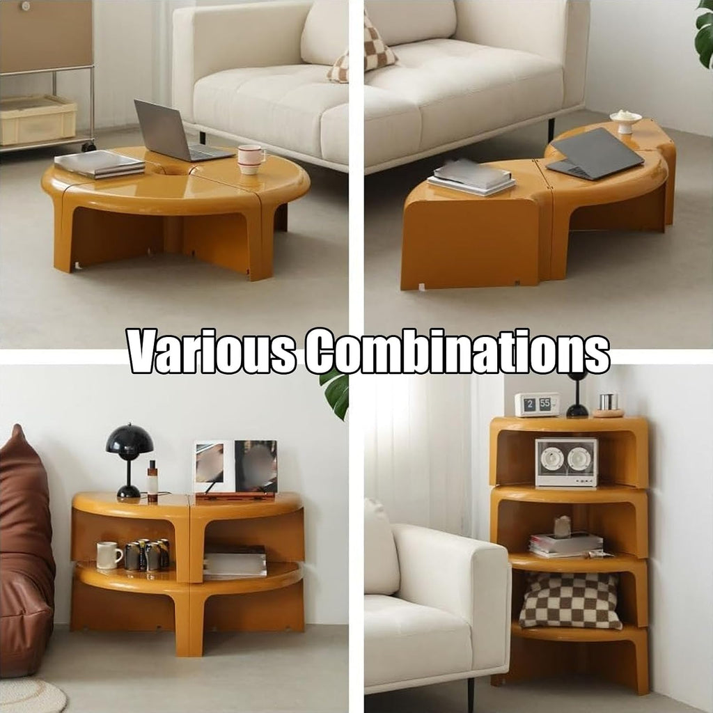 Modular Round Coffee Table Set, 4-Piece Plastic Center Table with Sturdy Base for Living Room Bedroom Office Space Saving Storage Solution Modern Style Yellow White