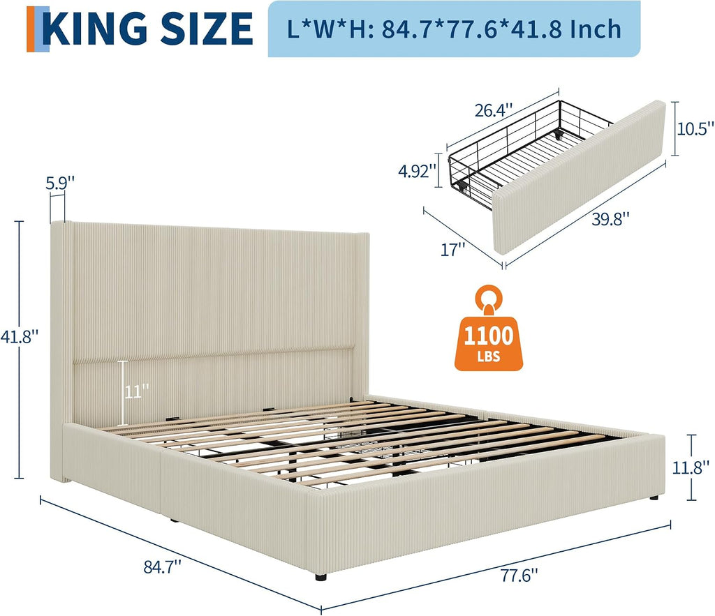 GarveeHome King Beige Storage Bed Frame, Corduroy Upholstered Platform Bedframe with 4 Drawers and Headboard, No Box Spring Needed, Easy Assembly