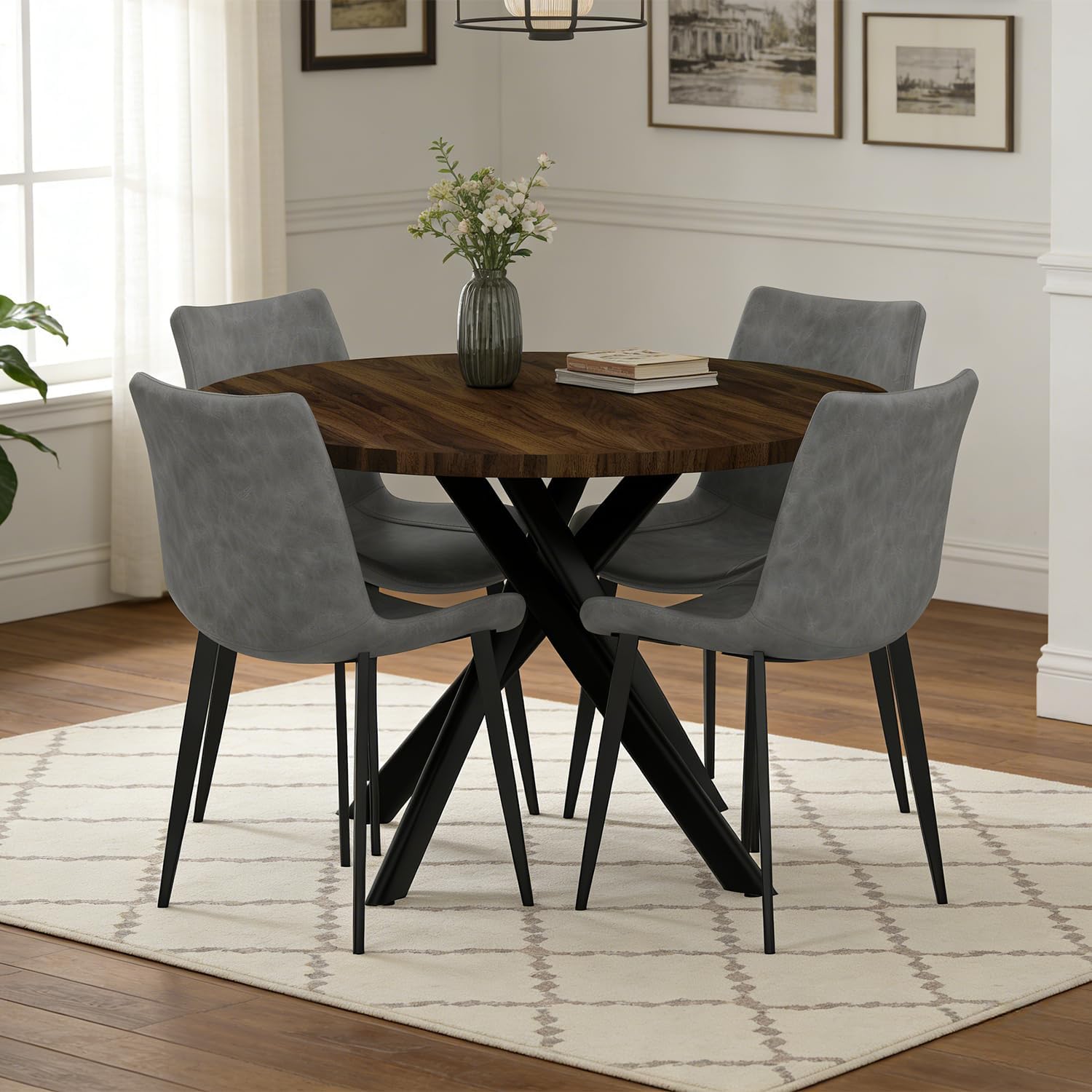 44" Round Dining Table with Chair Set for 4, Modern Mid-Century Dining Table Set of 4, Cozy Dinette Sets with Metal Leg for Kitchen Dining Room Apartment(Walnut Table + Gray Chairs) | Cushioned Minimalist Gray Chairs of 4, Mid-Century Walnut Tabletop