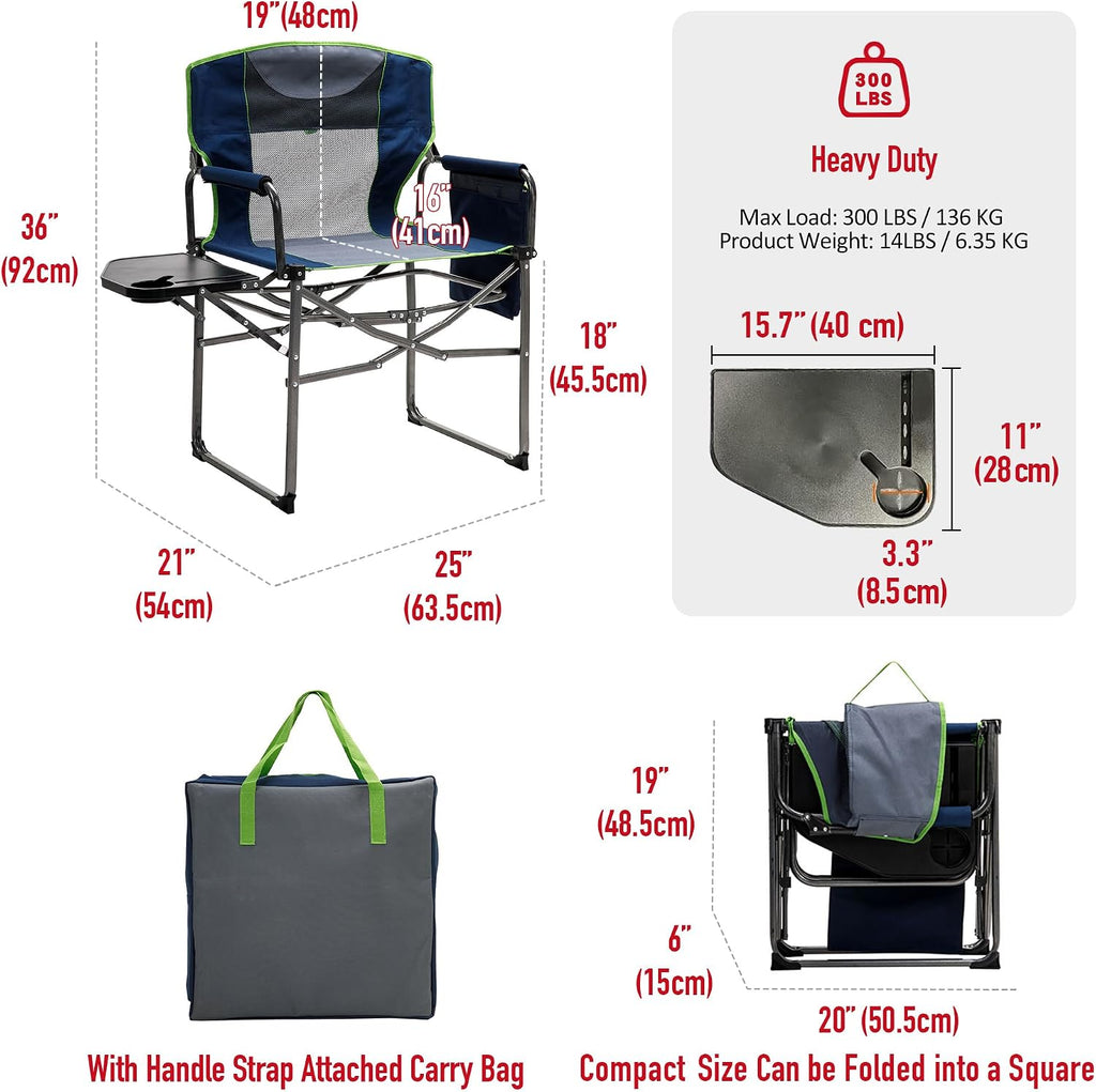 SUNNYFEEL Oversized Camping Chair Portable Directors Chairs with Side Table | Heavy Duty Folding Lawn Chair for Adults 300LBS with Compact Size, Breathable Mesh, Pocket & Carry Bag for Outdoor, Lawn, RV