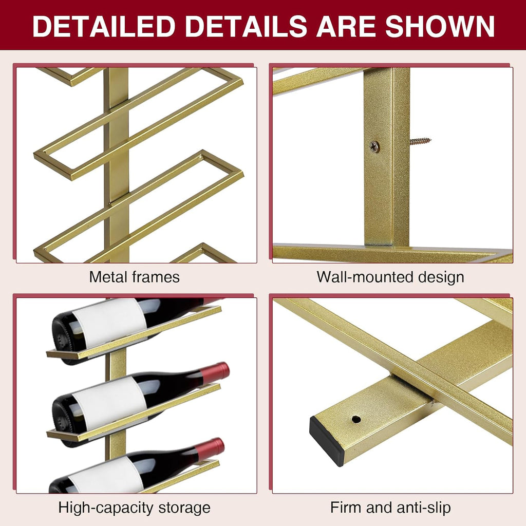 60-Bottle Wall Mounted Wine Rack, 5 Pack Modular Metal Wine Holder, Detachable DIY Wine Storage Rack, Wall Wine Bottle Display for Kitchen Dining Room Pantry Bar (Gold)