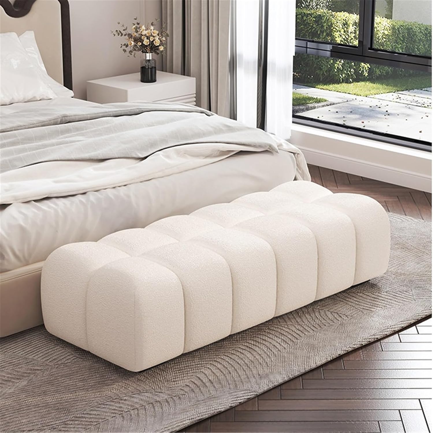 Modern Fabric Bed end Bench Long Bedroom Dressing Room Wooden Shoe Changing Entryway(Small)