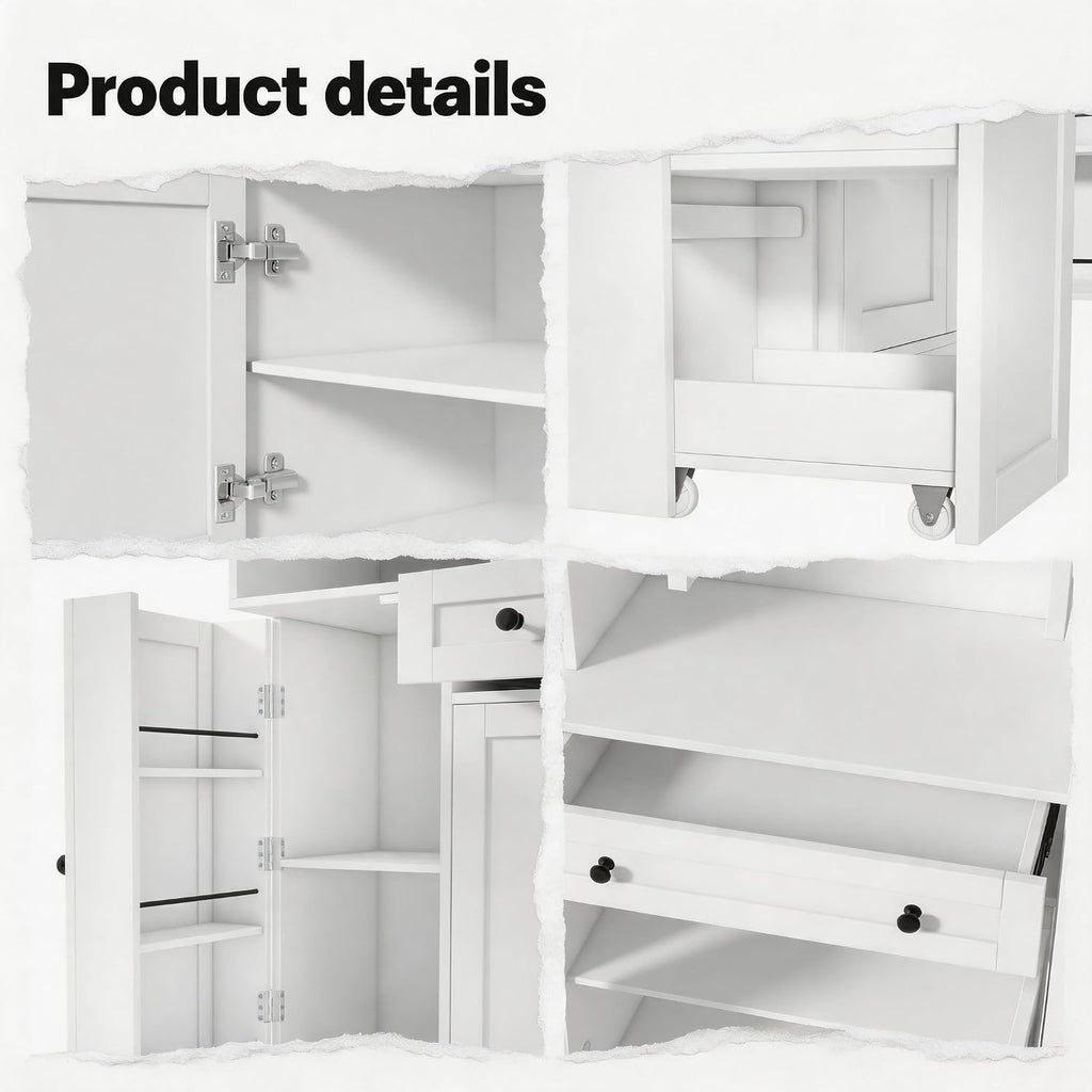 70 Inch Buffet with Hutch and Pull-Out Side Cabinet, White | White P2 MDF, kitchen or dining room, 7-tier side organizer, door shelves, adjustable shelves, open workstation, 52.8 in W