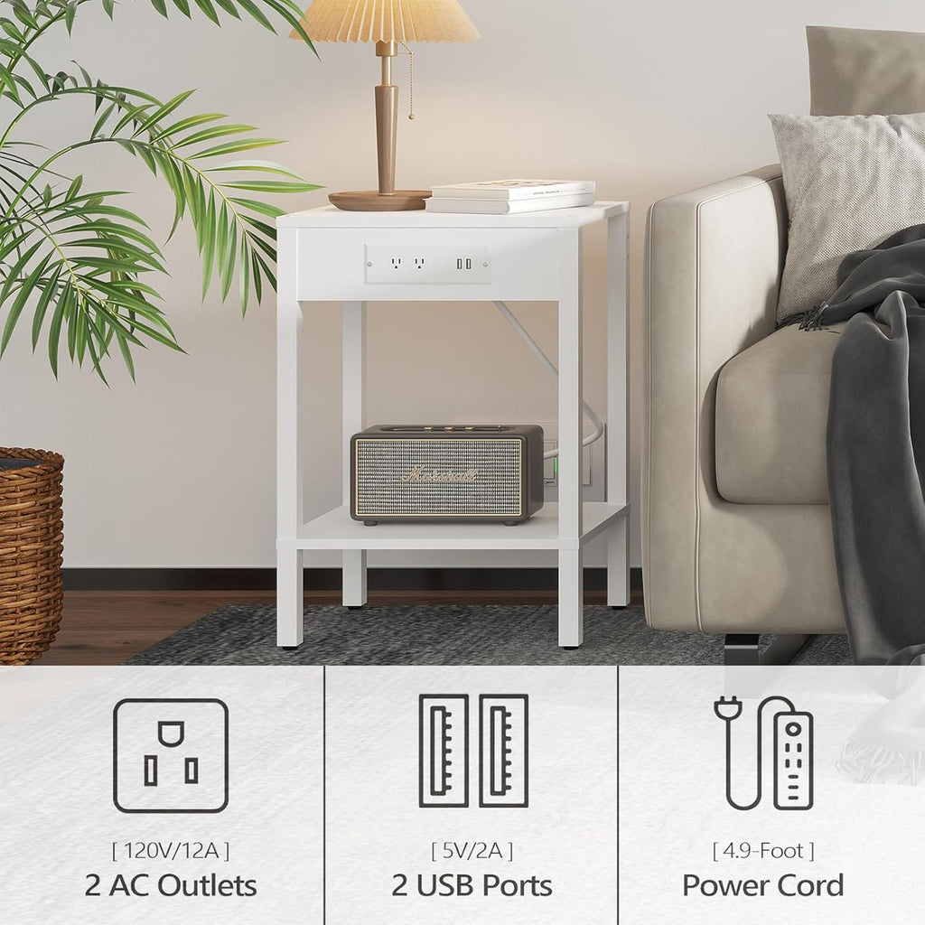 MMEOLUOOK End Table with Charging Station, Sofa Side Table Set of 2, 2-Tier Storage Shelf for Small Space, Nightstands for Living Room Bedroom Bedside Tables White MLBZ14WE-2