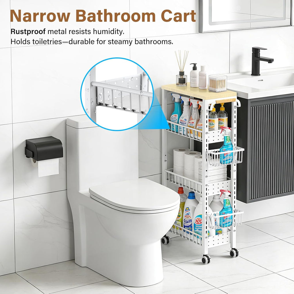 7.8 Inch Ultra-Slim 4-Tier Rolling Storage Cart with Adjustable Shelves - Lockable Wheels & Wooden Top for Narrow Spaces Between Washer/Dryer, Bathroom, Kitchen Organization (White)