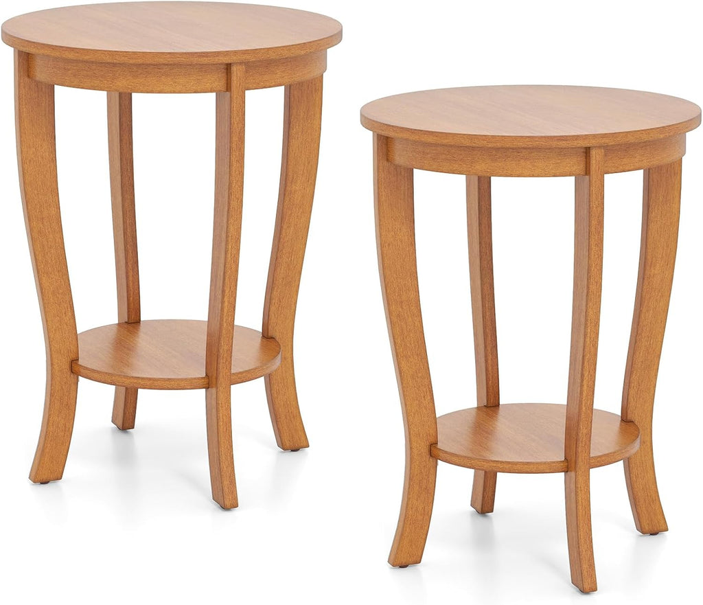 Giantex Round End Table Set of 2, Retro Nightstand with Storage Shelf & Solid Wood Legs, 24.5" Accent Side Table for Small Spaces, Wood Night Stand for Living Room Bedroom, Light Brown