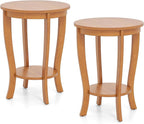 Giantex Round End Table Set of 2, Retro Nightstand with Storage Shelf & Solid Wood Legs, 24.5" Accent Side Table for Small Spaces, Wood Night Stand for Living Room Bedroom, Light Brown