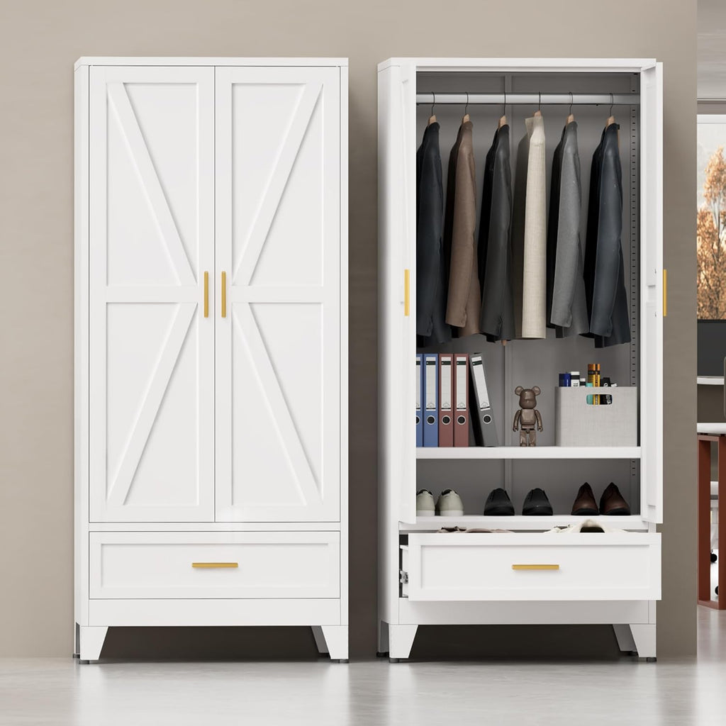 Metal Wardrobe Closet for Bedroom, 71" Freestanding Armoire Wardrobe with Drawer and Shelf, Hanging Rod Clothing Storage Cabinet with Two Doors, Tall Farmhouse Clothes Cabinet Bedroom Armoires