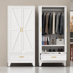 Metal Wardrobe Closet for Bedroom, 71" Freestanding Armoire Wardrobe with Drawer and Shelf, Hanging Rod Clothing Storage Cabinet with Two Doors, Tall Farmhouse Clothes Cabinet Bedroom Armoires