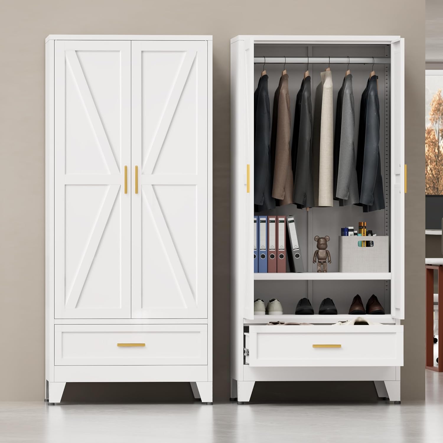 Metal Wardrobe Closet for Bedroom, 71" Freestanding Armoire Wardrobe with Drawer and Shelf, Hanging Rod Clothing Storage Cabinet with Two Doors, Tall Farmhouse Clothes Cabinet Bedroom Armoires