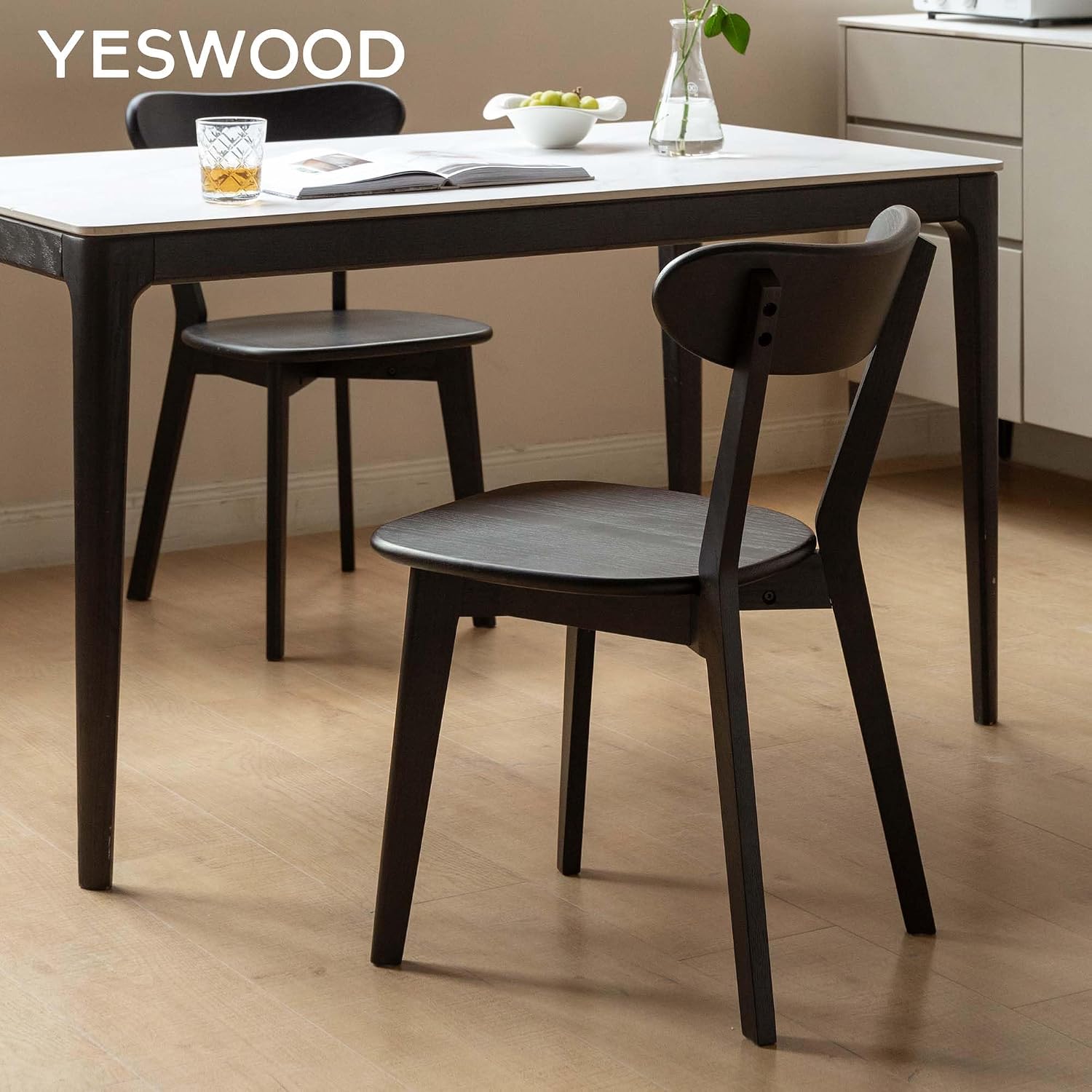 YESWOOD Oak Dining Chairs Set of 2, 100% Solid Wood Kitchen Chairs with Curved Backrest, Mid Century Modern & Farmhouse Side Chairs for Dining Room, Living Room, Study, Black