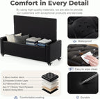 50” Ottoman Bench with Storage, Upholstered Faux Leather End of Bench for Bedroom, Load up to 660 lb, Fixed Base & Movable Swivel Wheels，Rectangular Tufted Entryway with Safety Hinge (Black)
