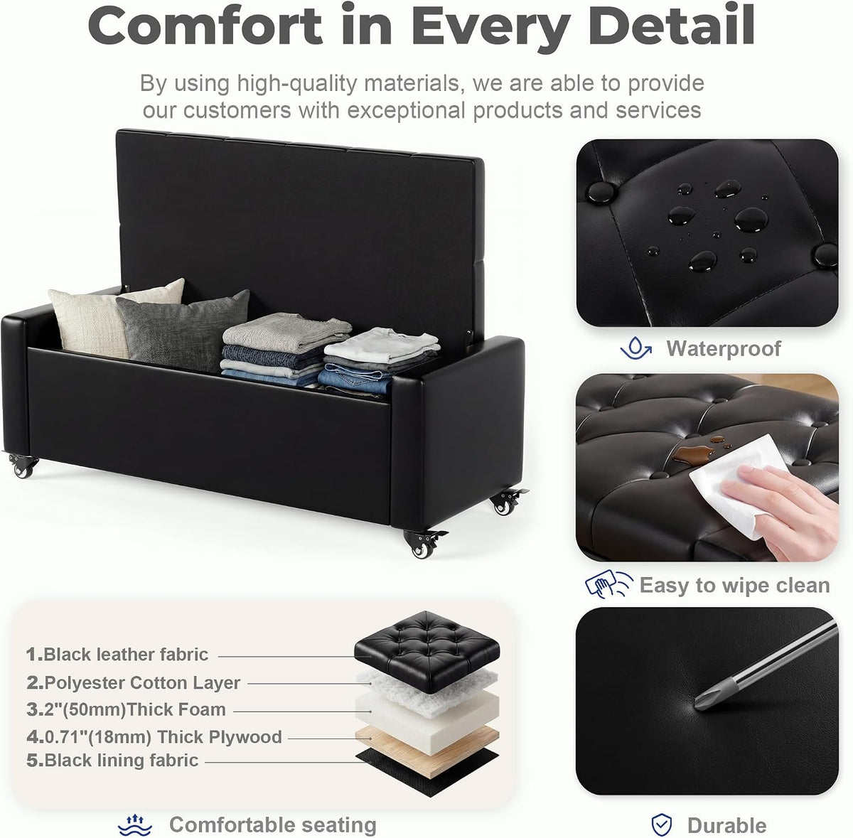 50” Ottoman Bench with Storage, Upholstered Faux Leather End of Bench for Bedroom, Load up to 660 lb, Fixed Base & Movable Swivel Wheels，Rectangular Tufted Entryway with Safety Hinge (Black)
