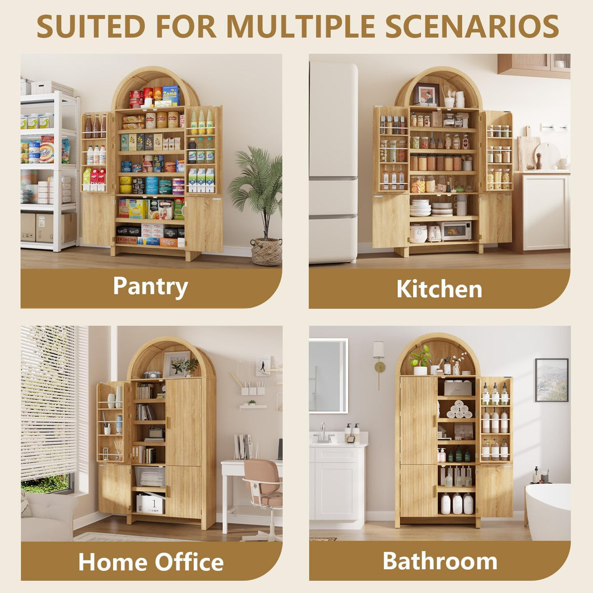 Arched Cabinet, 71" Tall Arched Kitchen Pantry Storage Cabinet with Doors, Modern Fluted Kitchen Storage Cabinet with Adjustable Shelves, Natural Cupboard for Kitchen, Dining Room, Bathroom