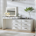 Aitjunz 69" W Farmhouse Vanity Desk with Glass Top,9 Drawers, Antique White | Wood Makeup Table with Large Storage Drawers, Rustic Bedroom Dressing Table w/3 Color Available Light & 30" HD Led Mirror