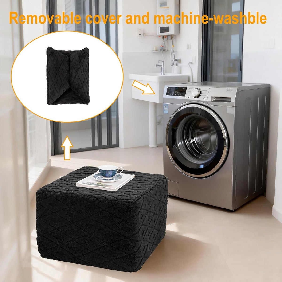 Fluffy Square Ottoman Pouf with All-in-One Foam Filling 20 x 14 Inches Furry Ottoman Foot Rest Foot Stool for Living Room or Bedroom (Black)