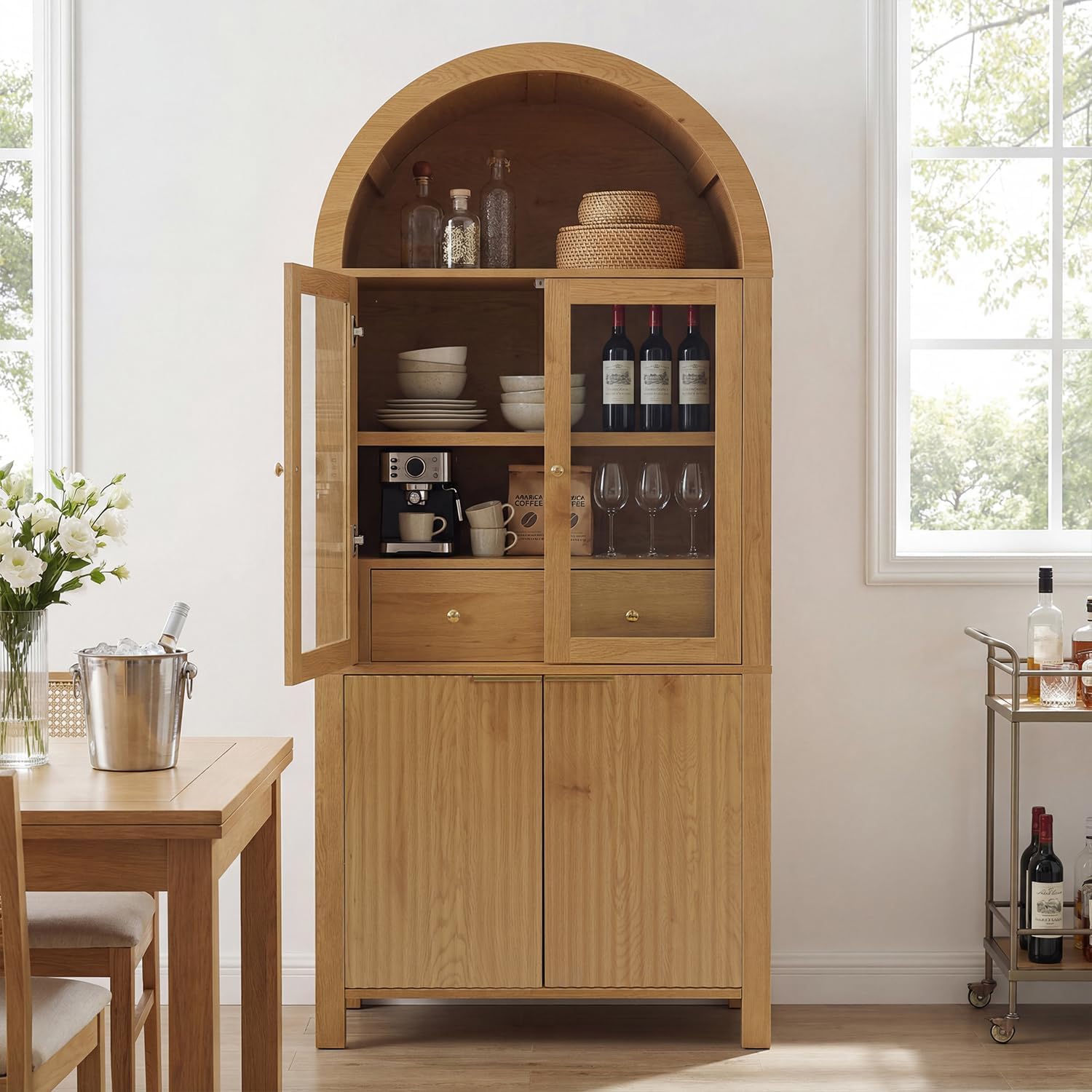 SOFTSEA 71" Tall Kitchen Pantry Cabinet with Adjustable Shelves, Fluted Arched Cupboard Cabinet with Hidden Drawer & Glass Door, Kitchen Hutch with Door Shelves for Dining Room, Oak