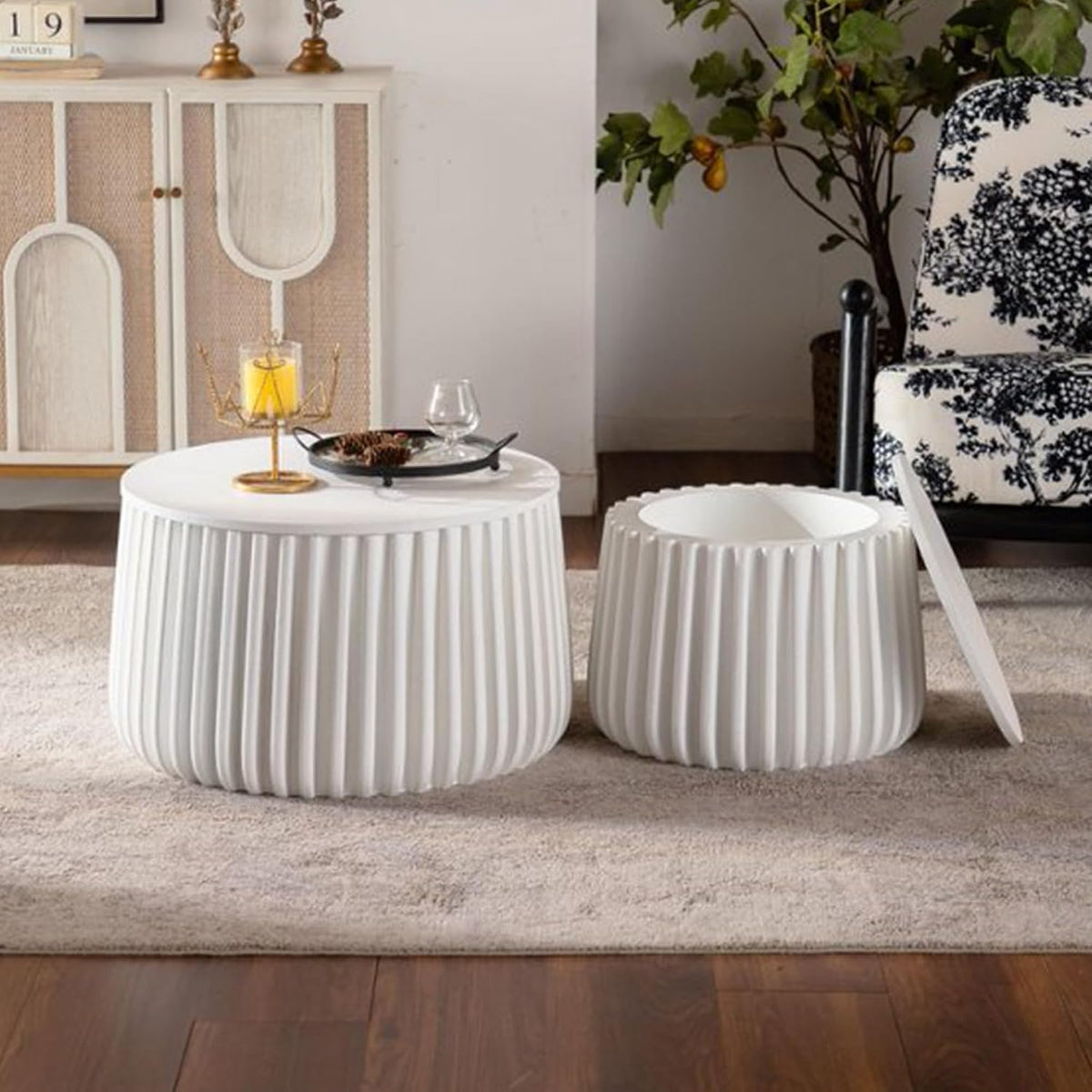Geelife White Round Storage Table Set with Lift-Off Lid and Nesting Design | Lift-off lid reveals hidden storage compartment for blankets and essentials