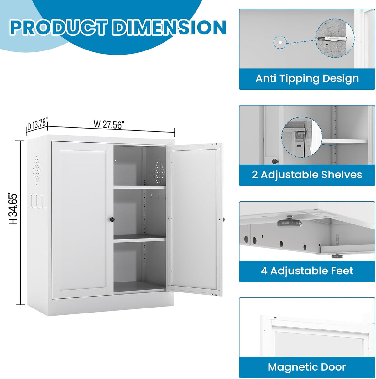 White Steel Pantry Cabinet with 2 Adjustable Shelves, Metal Storage Cabinets for Kitchen, Living Room, Bathroom, Heavy Duty Freestanding Utility Cabinet, Assembly Require