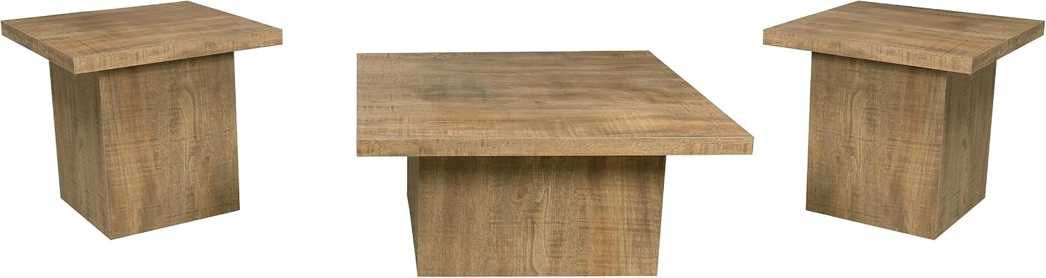 Square Coffee Table Set, End Table Set, Engineered Wood Living Room Tables, Mango Finish Laminate Veneer, Grain Look, Oversized Block Bases, 3-Piece