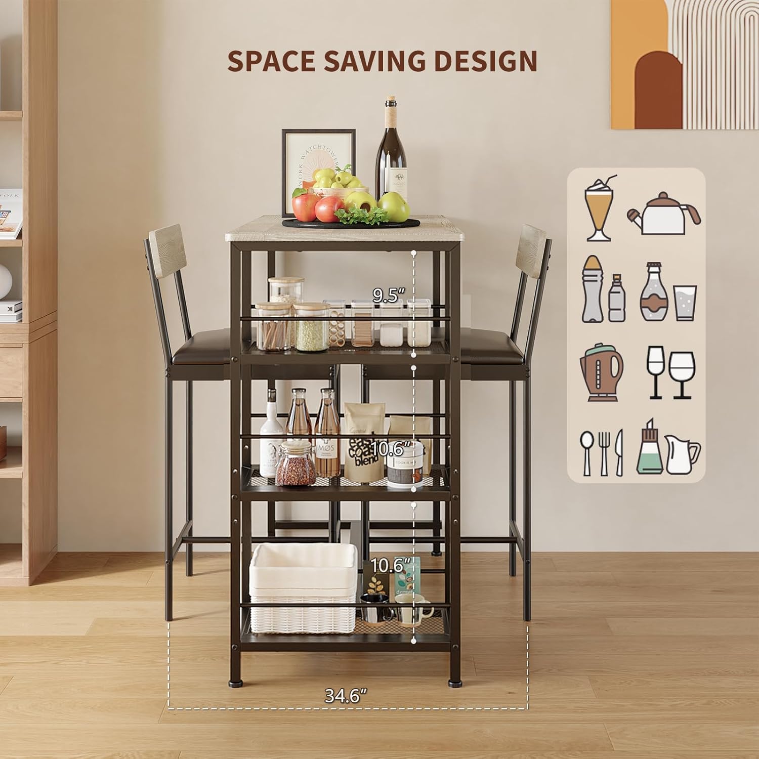 3-Piece Dining Table Set with Storage Shelves and 2 Upholstered Chairs, MDF & Iron Frame Small Kitchen Table for Apartment, Studio