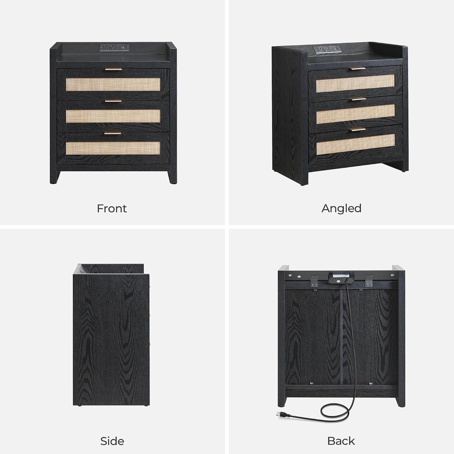 SICOTAS Nightstands Set of 2 : Rattan Tall Bedside Table with 3 Drawers | Farmhouse Boho Night Stand with Type-C Charging Station, Storage, Larger End Table Side Table for Bedroom Office