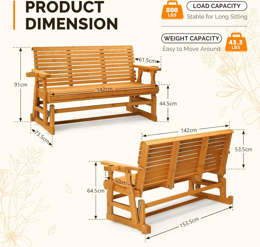 VINGLI Wooden Patio Glider, Heavy Duty 800 LBS Outdoor Glider with Cup Holders, 5 FT Wooden Glider Bench with High Backrest for Garden, Yard, Patio, Teak