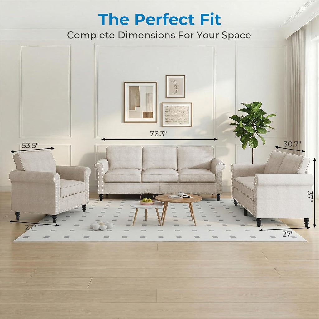 Mjkone 3 Pieces Living Room Sofa Set, Modern Sectional Sofa Couch and Loveseat & Armchair Set, Gourd Shape Wood Legs & Linen Fabric & Nailhead Trim Design Sofas Couches for Living Room, Beige