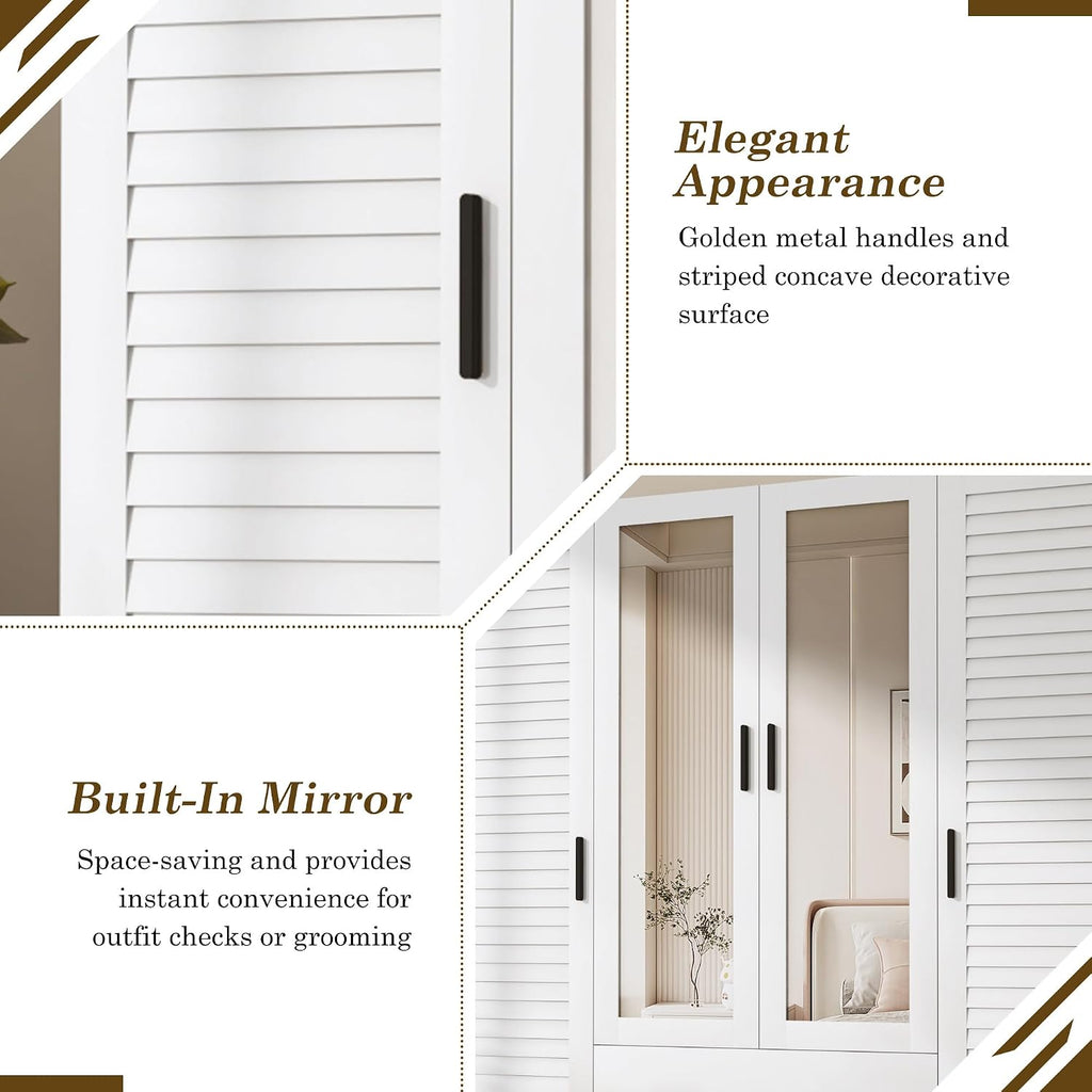 jiteentarou 4 Door Armoire Wardrobe Closet Cabinet with Drawers and LED Lights, Multi-Tier Shelves, Hanging Rod & 4 Louver Doors, Large Capacity Storage Wardrobe Armoire for Bedroom(4 Doors White)