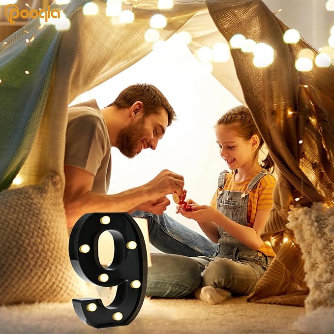 Pooqla Light Up Numbers, LED Black Number Lights for 9th Birthday Party Decor, Battery Powered Lighted Marquee Number Sign for Party Decor, Lights for Wall Home Anniversary, Decoration 9