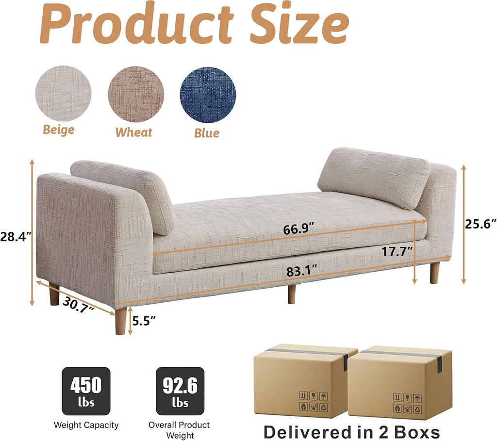 Beige King Size End of Bed Bench,83 Inch Long Bench for Bedroom with Armrests,Entryway Bench,Chenille Chaise Chair,Bench Daybed(Beige,White)