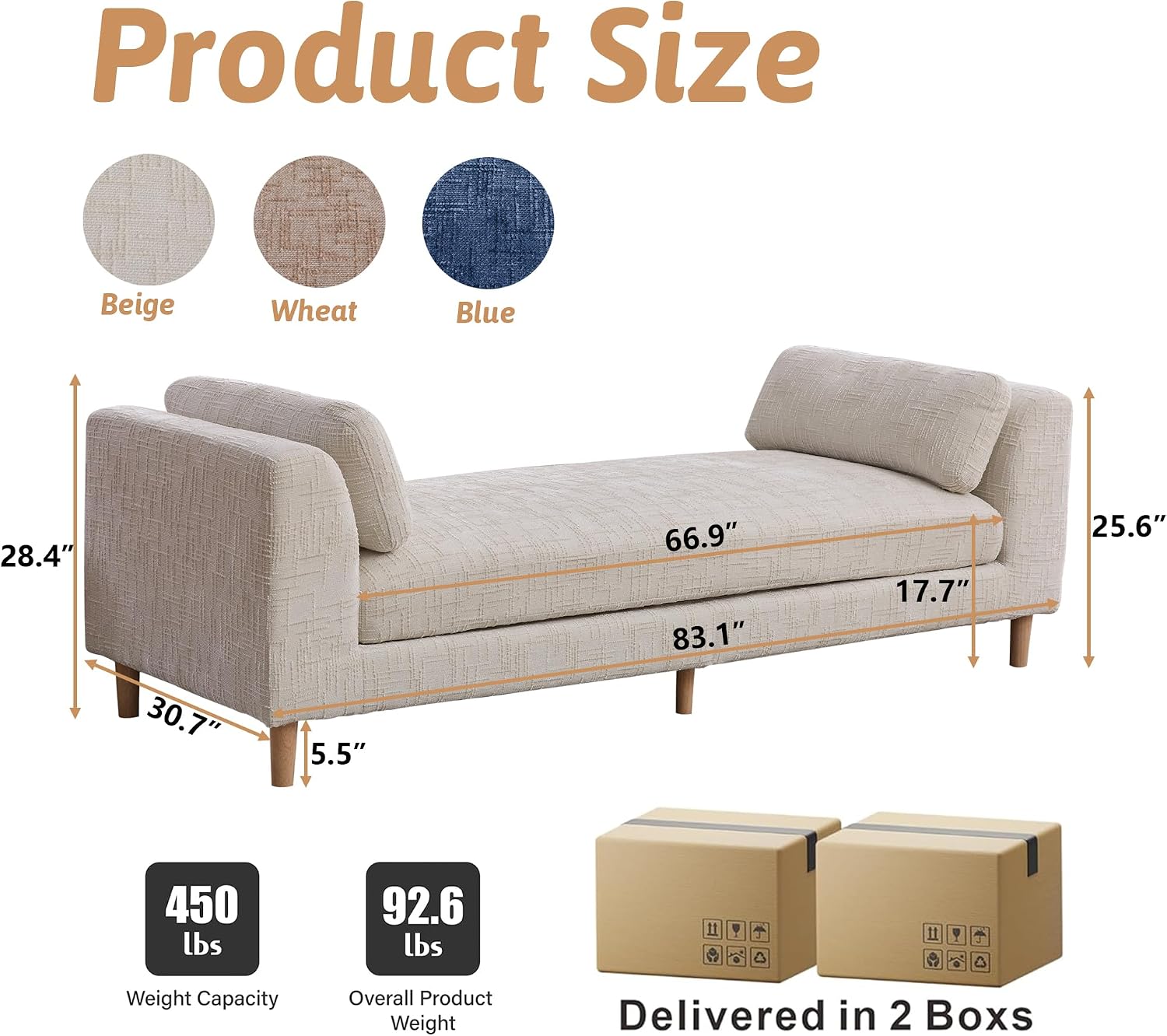 Beige King Size End of Bed Bench,83 Inch Long Bench for Bedroom with Armrests,Entryway Bench,Chenille Chaise Chair,Bench Daybed(Beige,White)