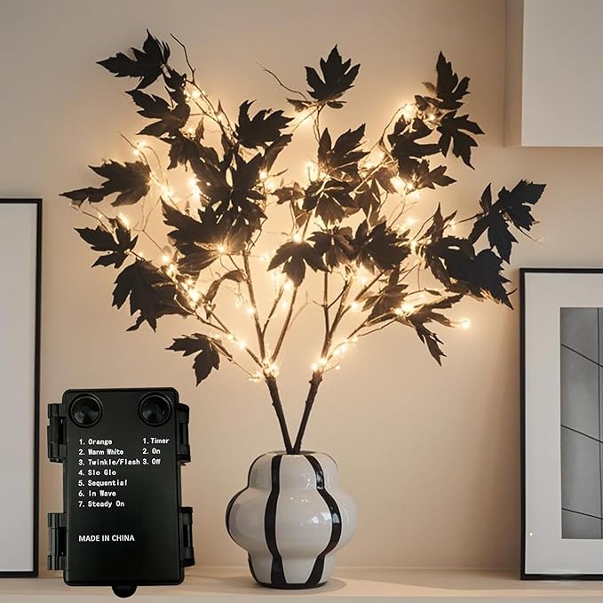 LITBLOOM Black Tree Branches with Lights 32IN Battery Operated with Timer, Lighted Halloween Maple Branches with 120 Orange and Warm White LED Lights for Fireplace Table Halloween Decoration