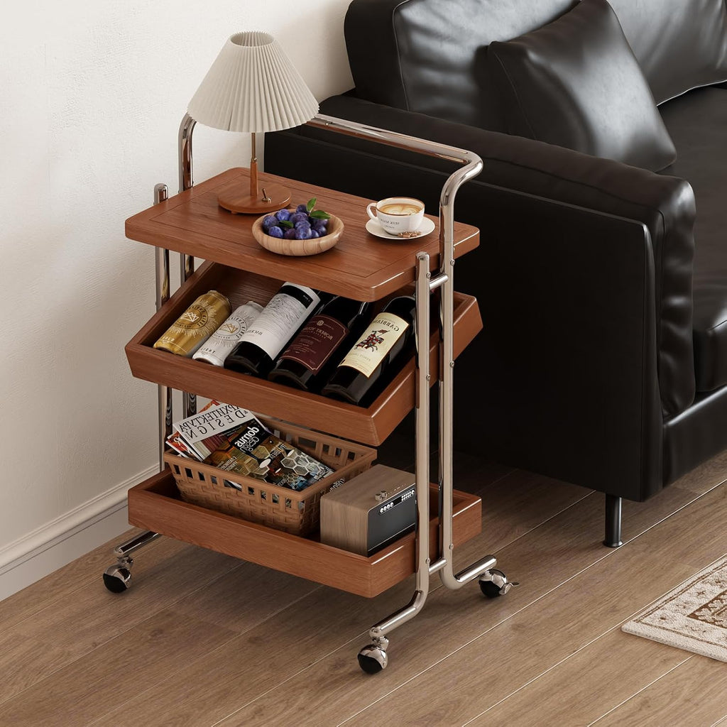 CycleCrew Solid Wood Rolling End Table Cart with Adjustable Storage - 3-Tier Stainless Steel Fame Side Table on Wheels Narrow Bedside Storage Table Small Bar Serving Cart for Living Room