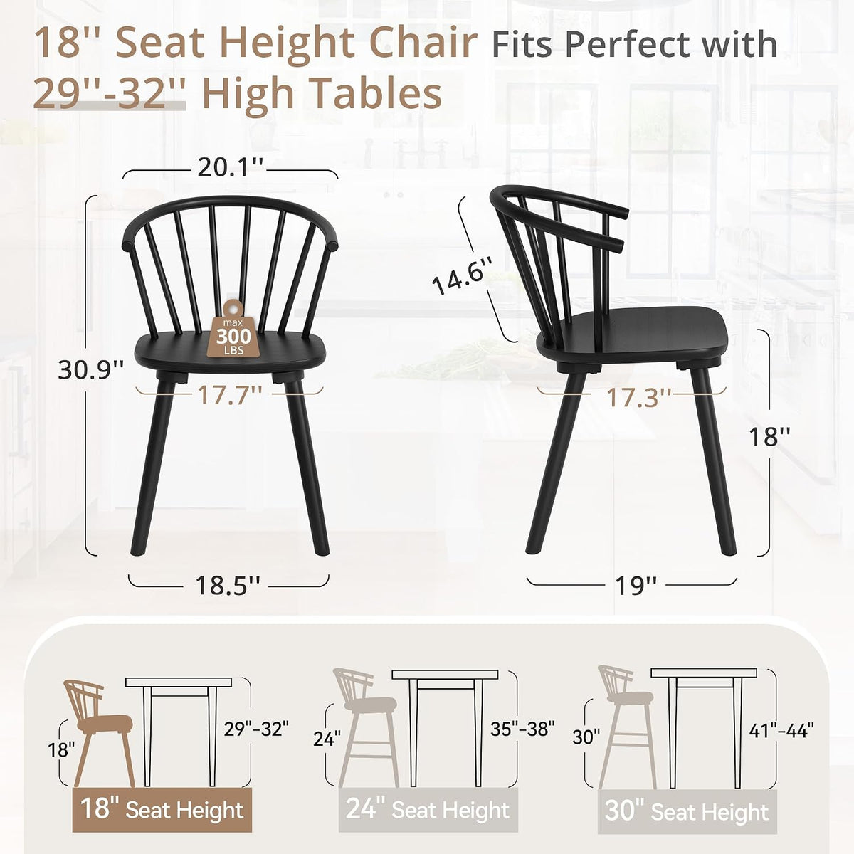LUE BONA Black Dining Chairs Set of 4, Farmhouse Wood Dining Chairs with Semicircular Backrest, Spindle Dining Chair for Kitchen and Dining Room, 18 Inch