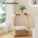 Auroral Zone Solid Wood Rolling Side Table with 2 Tiers, Mobile Z-Frame Snack Cart Or Coffee Table for Living Room, Bedroom & Sofa Use, Easy to Move