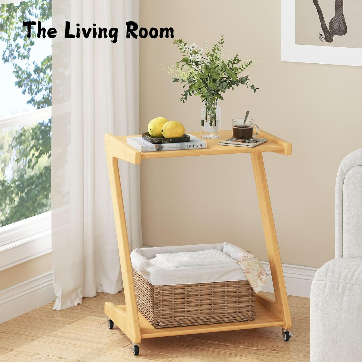 Auroral Zone Solid Wood Rolling Side Table with 2 Tiers, Mobile Z-Frame Snack Cart Or Coffee Table for Living Room, Bedroom & Sofa Use, Easy to Move