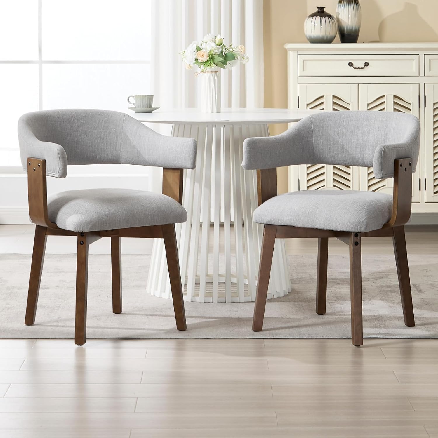 ROCITY Wooden Dining Chairs Set of 4 Modern Fabric Upholstered Dining Room Chairs with Curved Backrest and Walnut Legs for Kitchen,Living Room, Grey