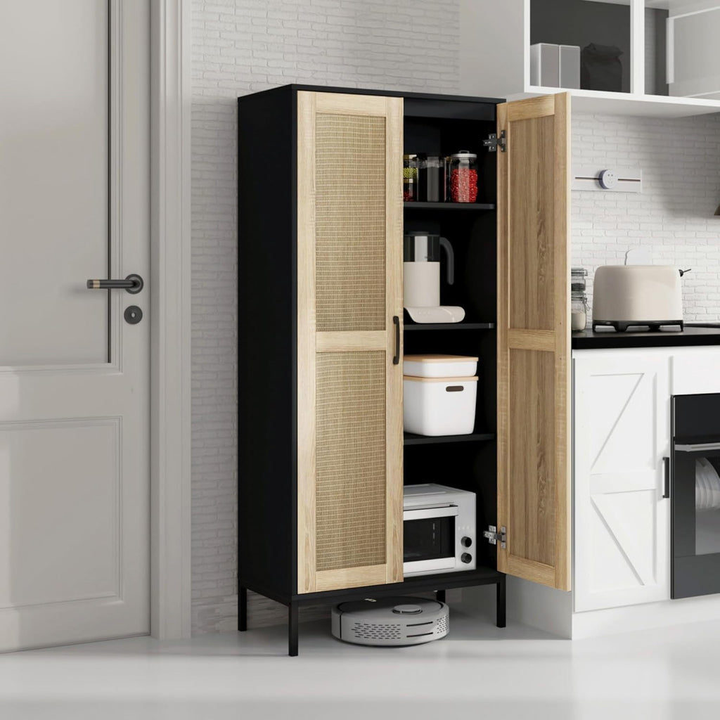 60" Tall Kitchen Pantry with 2 Rattan Doors and 3 Adjustable Shelves,Freestanding Cupboard Storage Cabinet for Kitchen, Laundry Room, Dinning Room and Living Room,Black