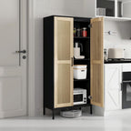 60" Tall Kitchen Pantry with 2 Rattan Doors and 3 Adjustable Shelves,Freestanding Cupboard Storage Cabinet for Kitchen, Laundry Room, Dinning Room and Living Room,Black