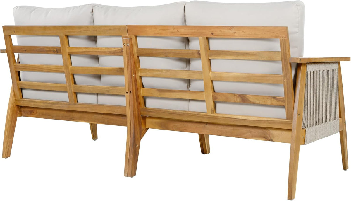 Christopher Knight Home Outdoor 3 Seater Patio Sofa with Acacia Wood Frame and Rope Weave Design, Cushioned Garden Couch with Removable Covers for Patio Deck Balcony, Teak and Beige