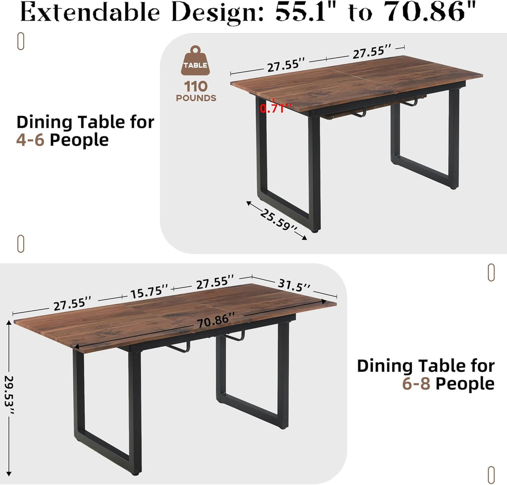 Extendable Dining Table for 4-8, 55"-71" Rectangular Kitchen Table, Modern Farmhouse Expandable Table with MDF Top, Space-Saving Wooden Table for Dining Room, Kitchen, Living Room, Office, Walnut