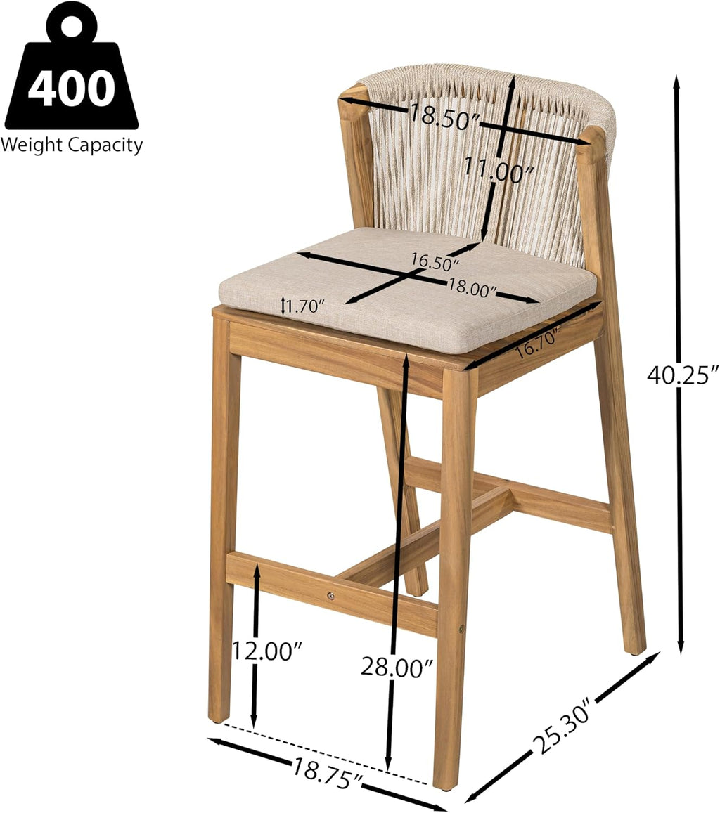 Christopher Knight Home Cuz Patio Barstool Set of 2, Outdoor Counter Height Stool with Sturdy Acacia Wood Frame and Rope Backrest, Bar Stool with Seat Cushion for Backyard Garden, Beige + Teak