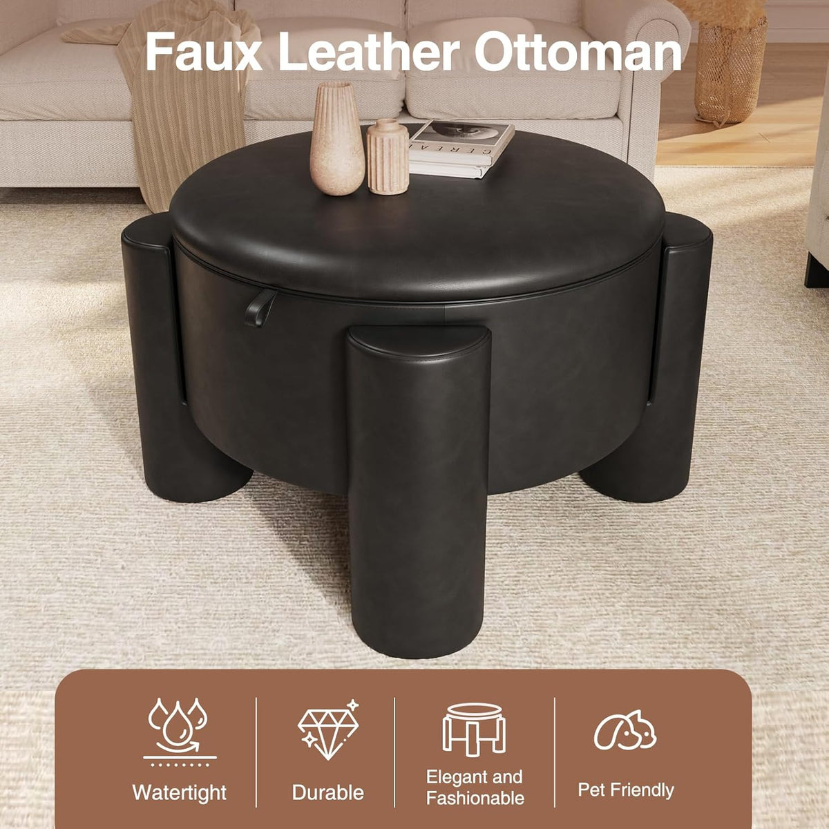 FiveWillowise Round Ottoman Coffee Table with Storage,24" Faux Leather Storage Ottomans with Removable Top,Upholstered Vanity Stool Footrest for Small Spaces,Living Room,Apartment,Black