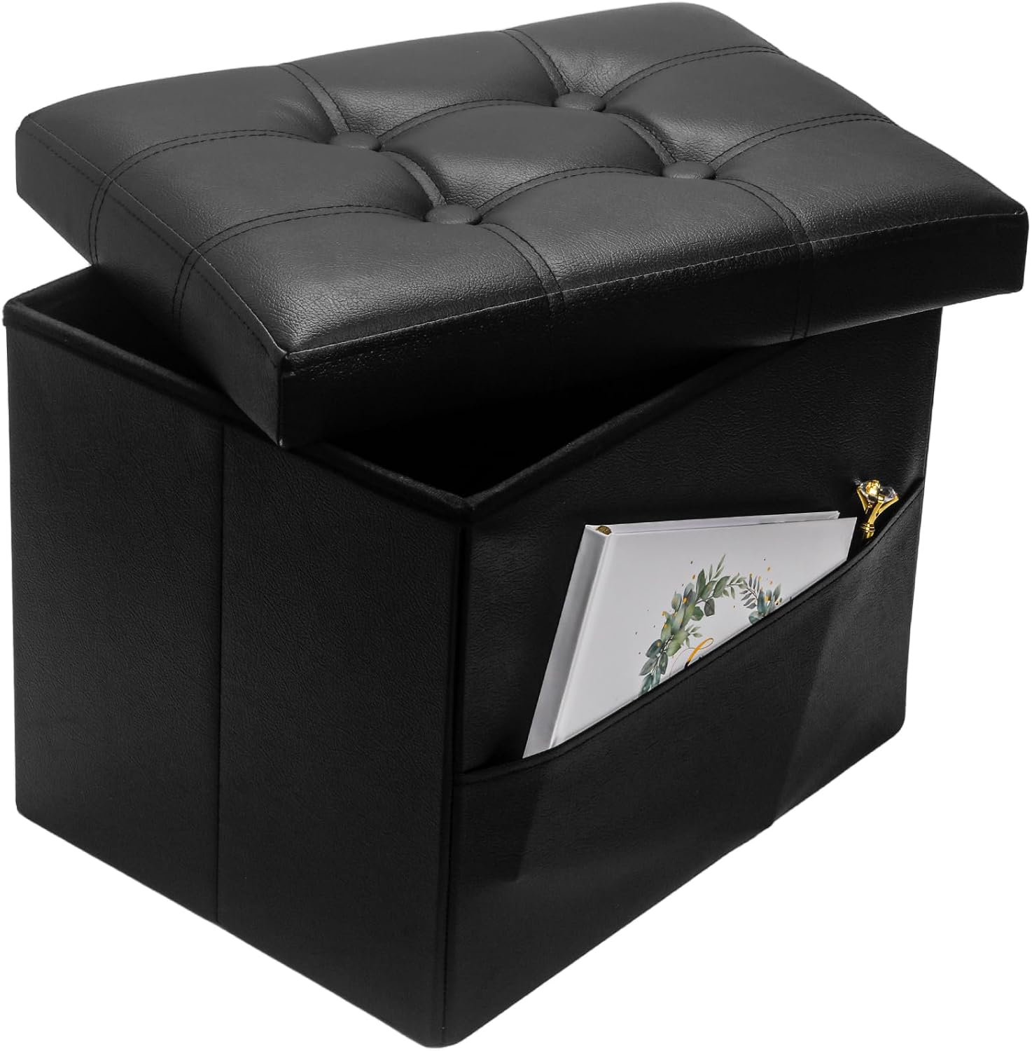 Bsketa Storage Ottoman Foot Rest Stool, Small Leather Storage Ottomans Bench, Folding Footstool with Side Pockets, Foot Rest Under Desk for Living Room Bedroom, 17x13x13 in, Black