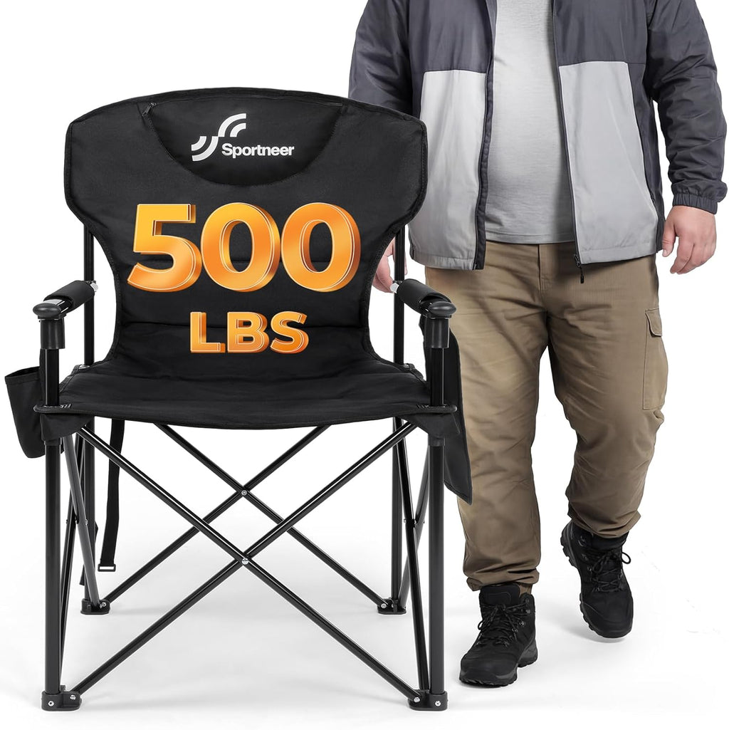 Sportneer Oversized Heavy Duty Camping Chair 500 LBS Capacity, Folding Portable Chair with Padded Seat, Strong Armrests for Easy Standing, Cup Holder & Side Storage Bag, Outdoor Camping Fishing Chair